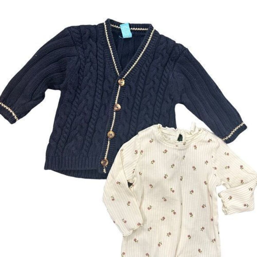Cotton Chunky Baby Cableknit Cardigan Sweater 12 Ribbed Long Sleeve 6M Girl